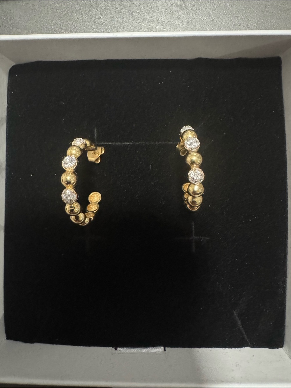Real 18k Saudi Gold Beaded Hoop Earrings with Crystal Accents